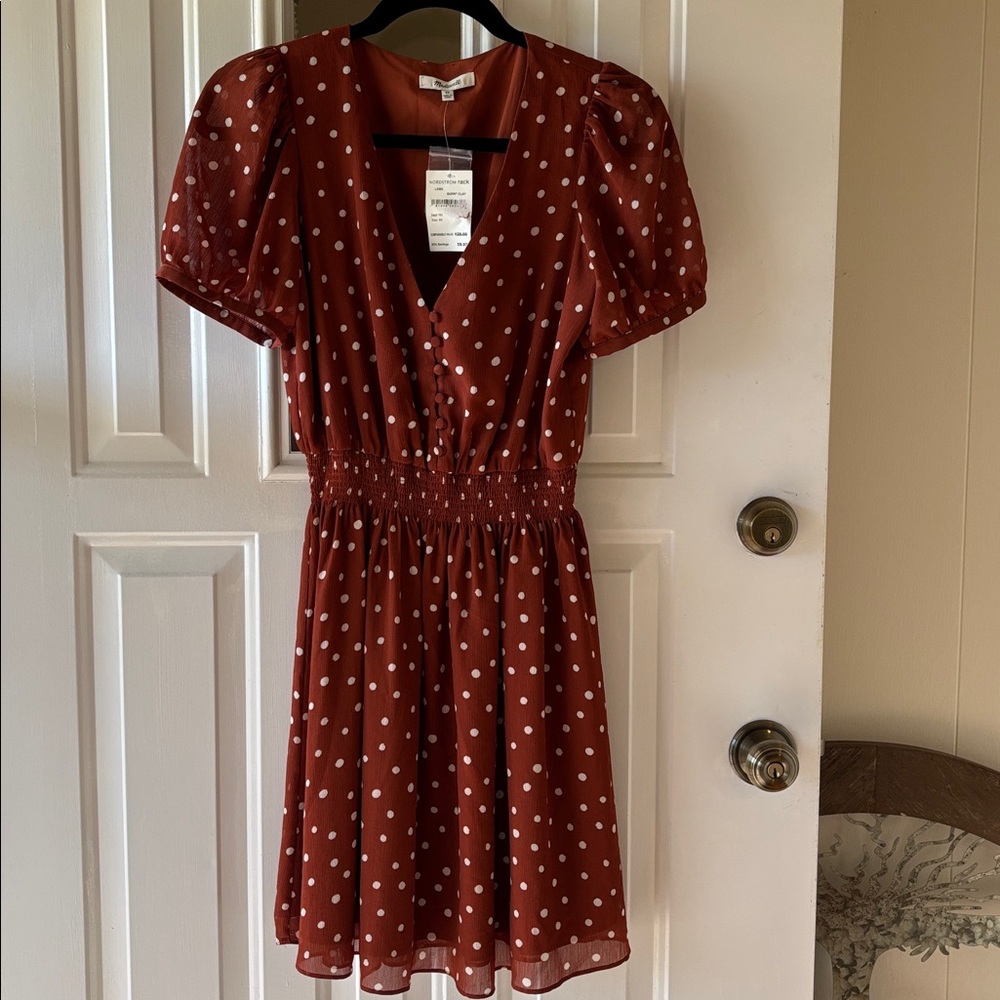 NWT Madewell Smocked-Waist Mini Dress in Burnt Clay Polka Dot - Size XS - Picture 3 of 6